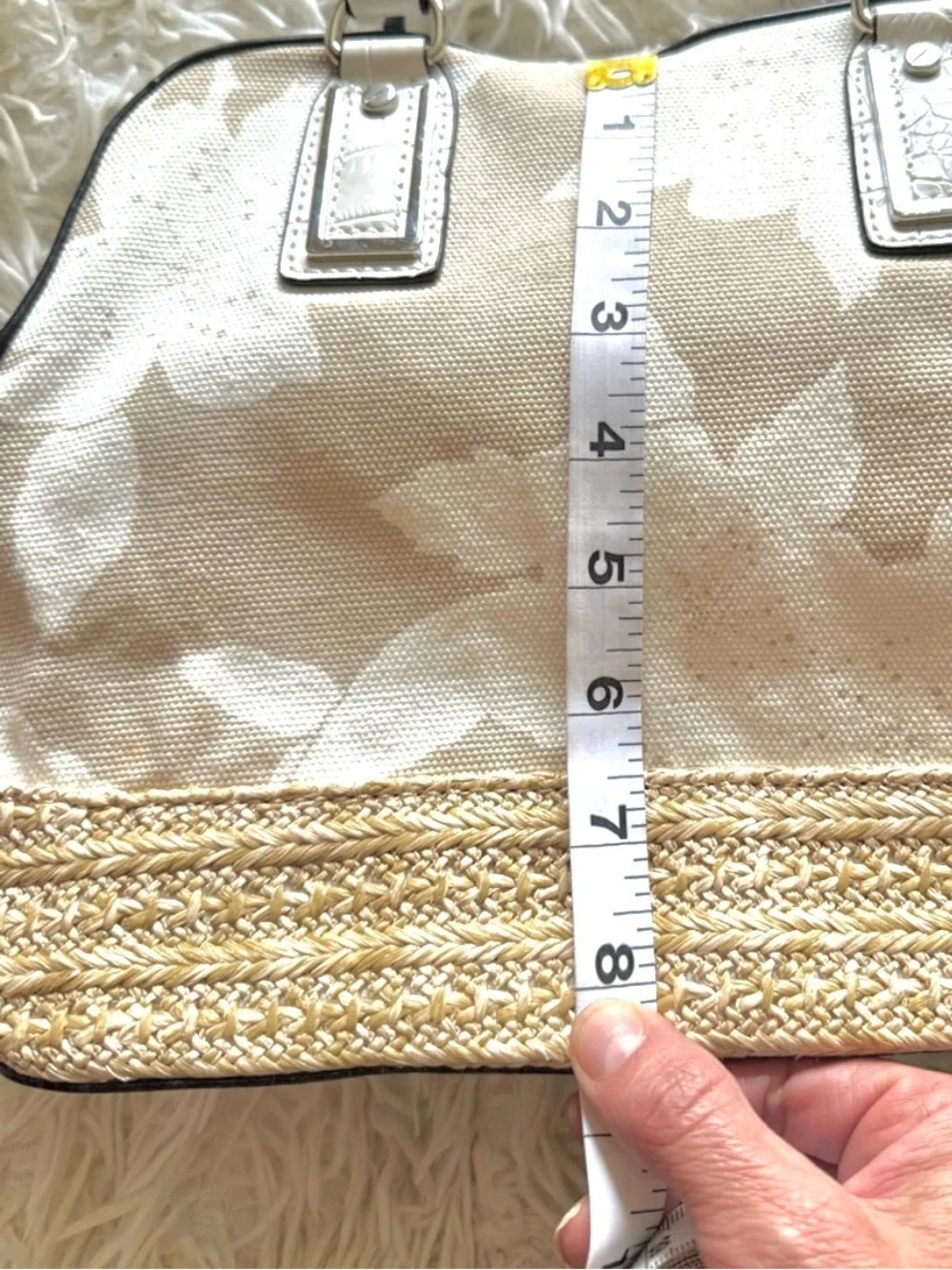 Beige Floral Canvas & Straw Tote Bag - Lightweight Everyday Handbag